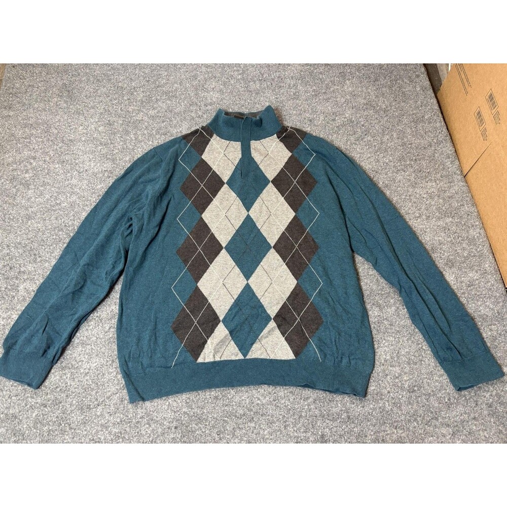 Tasso Elba Sweater Mens L Blue 1/4 Zip Mock Neck Cotton Argyle Pullover Casual